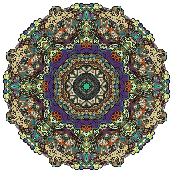 Mandala, spårvagnshjul mehndi design. Etnisk prydnad, färgglada doodle symmetri konsistens. Folklig traditionell andlig stamdesign. Böjd form, isolerad på vitt. Färgkonst. Vektor — Stock vektor