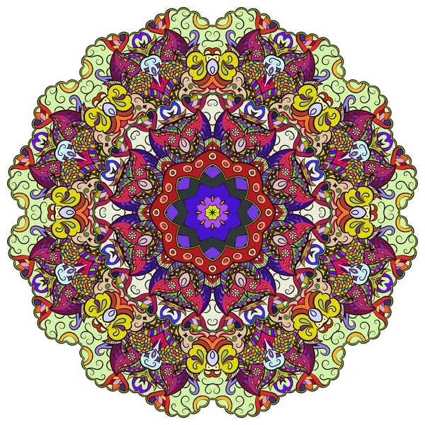 Mandala, rueda de tracería diseño mehndi. Adorno étnico, textura de simetría de garabatos coloridos. Folk diseño tribal espiritual tradicional. Forma curvada, aislada en blanco. Arte a color. Vector — Vector de stock