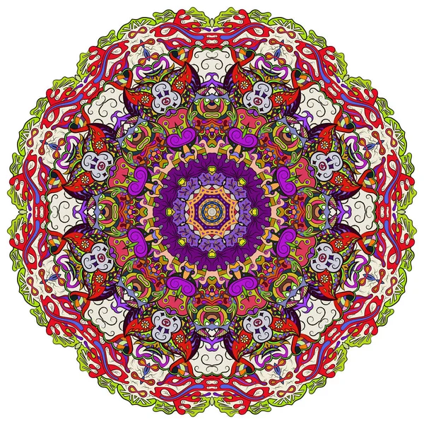 Mandala, wzór koła tropiącego mehndi. Ornament etniczny, kolorowa symetria bazgrołów. Ludowy tradycyjny duchowy projekt plemienny. Zakrzywiony kształt, odizolowany na biało. Sztuka kolorów. Wektor — Wektor stockowy