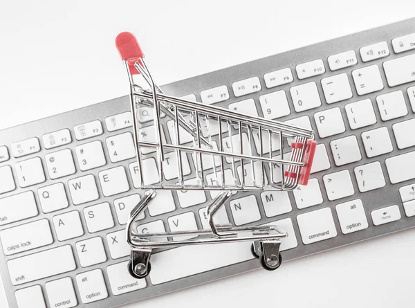 Safe Online shopping concept. Shopping cart protected with hand on white background.