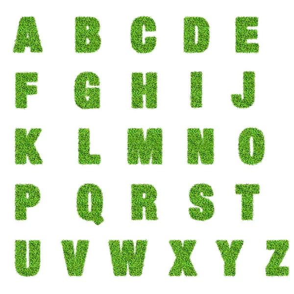 Zielony Liść Angielski Litery Alfabetu Zrobić Przez Zieloną Trawę Proces — Zdjęcie stockowe