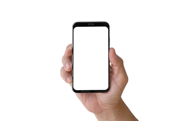 Vista Lateral Smartphone Vertical Mão Com Tela Branco Para Publicidade — Fotografia de Stock