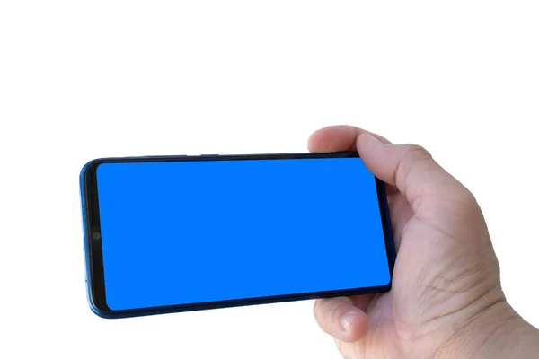 Vista Lateral Mano Mantenga Pantalla Azul Mockup Teléfono Inteligente Utilizando — Foto de Stock