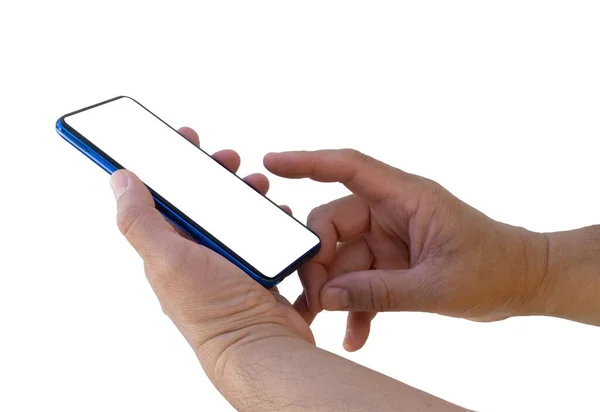 Vista Lateral Toque Dedo Tela Branco Smartphone Para Publicidade Mockup — Fotografia de Stock