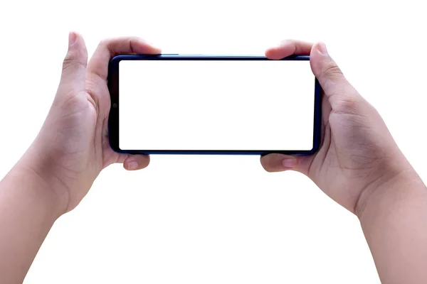 Hand Hält Smartphone Isolierte Bildschirmdarstellung Und Hintergrund Für Werbung Technologiekonzept Stockfoto