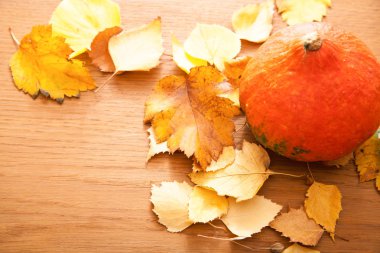 Sonbahar yaprakları ve ahşap arka plan üzerinde kabak