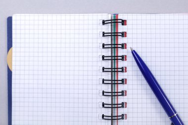 Bir açık günlük defter bir kalem, üstten görünüm, metin için bir yer ile gri bir arka plan üzerinde bir günlük genel gider fotoğraf.