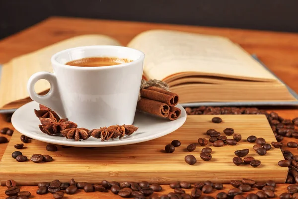 Coffee Break Cup Hot Strong Coffee Wooden Table Open Old — Stock Photo, Image