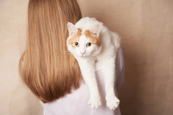 Jemná Bílá Kočka Rameni Ženy Bílá Kočka Rameni Blondýna Béžové — Stock fotografie