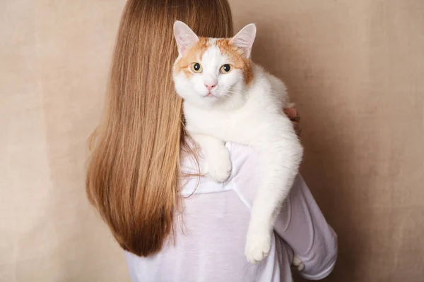 Gentle White Cat Woman Shoulder White Cat Shoulder Blonde Beige — Stock Photo, Image