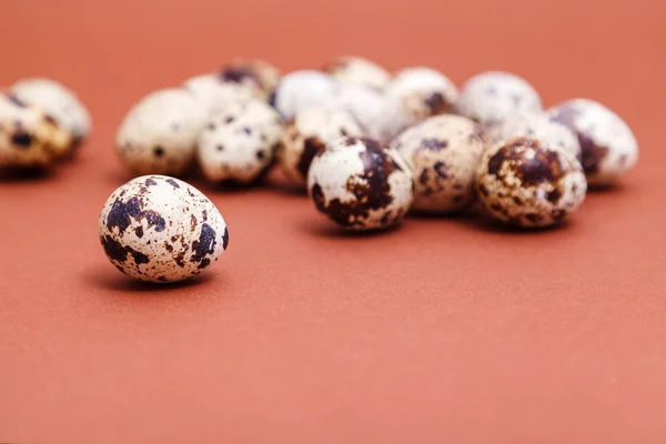 茶色の背景 選択と集中にウズラの卵は 領域をコピーします 健康食品 自然概念 お祭りイースターの背景 — ストック写真