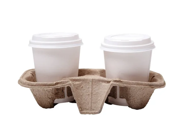 Twee Take Out Koffie Houder Geïsoleerd Een Witte Twee Nemen — Stockfoto