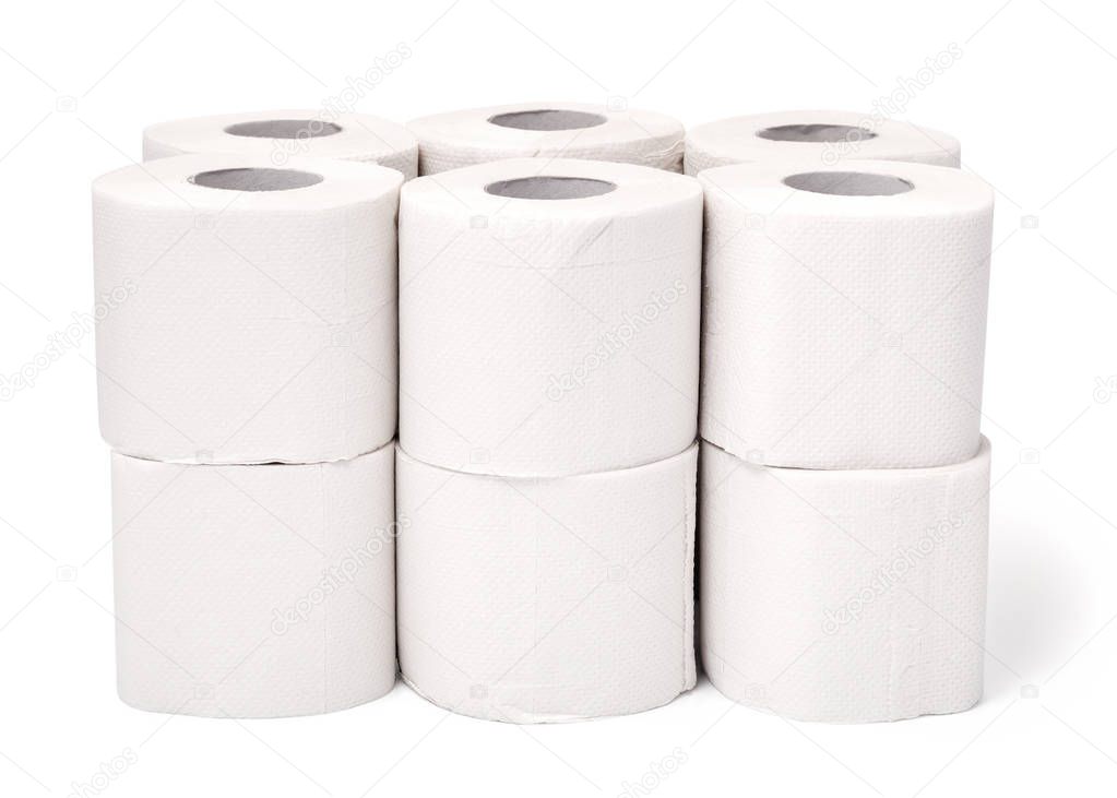 Clean white tissue paper rolls on white background. Toilet paper roll with white isolated background.