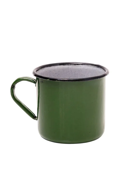 Oude Groene Tin Cup Witte Achtergrond Vintage Metalen Mok Groen — Stockfoto