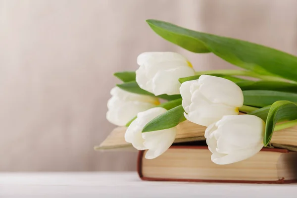 Belle composition avec des tulipes blanches et de vieux livres sur un fond beige flou à la lumière du matin. Lecture de printemps — Photo