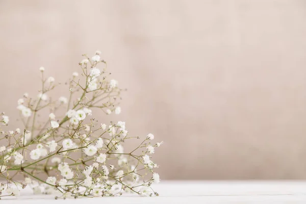 淡いパステル ベージュの背景に木製のテーブルの上の小さな白い花カスミソウ。最低限の生活のコンセプトです。コピー スペース ロイヤリティフリーのストック写真