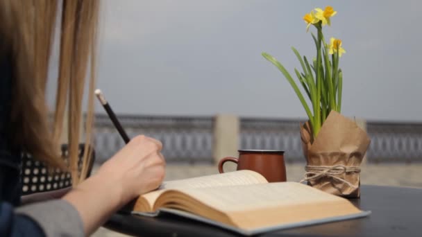 一位年轻女子在一本俯瞰大海的咖啡馆的桌子旁强调铅笔文 — 图库视频影像
