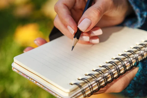 Yumuşak güneş ışığındaki sarı yapraklara karşı elinde kağıt bir defter ve kalem tutan bir kadın. Sonbahar havası, kopyalama alanı