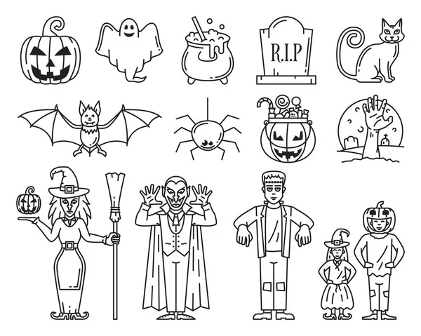 Set de iconos de línea de Halloween. Incluye iconos como Calabaza, Niños, Disfraz, Bruja, Vampiro, Frankenstein. Vector — Vector de stock