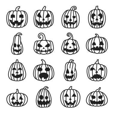 Kabak Halloween çizgi simgeleri seti, komik ve korkutucu yüzler.
