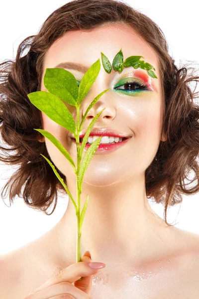 Retrato Mulher Bonita Com Sombras Coloridas Cores Primavera Planta Mão — Fotografia de Stock