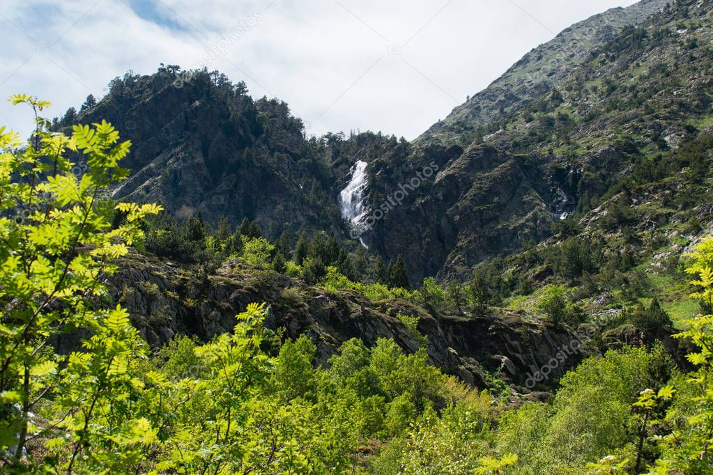 Landscape with waterfall in the mountains in summer at Parc Natural del Comapedrosa, Arinsal, Andorra