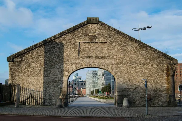 Entrada Arco Pedra Jesse Hartley Para Doca Albert Liverpool Vista — Fotografia de Stock