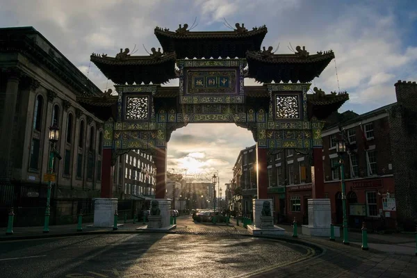 Liverpool Chinese gate China town arch in sunset, UK