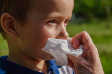 Küçük bir çocuk bir dondurma yaz parkta yiyor ve ağzını bir peçete ile mendil