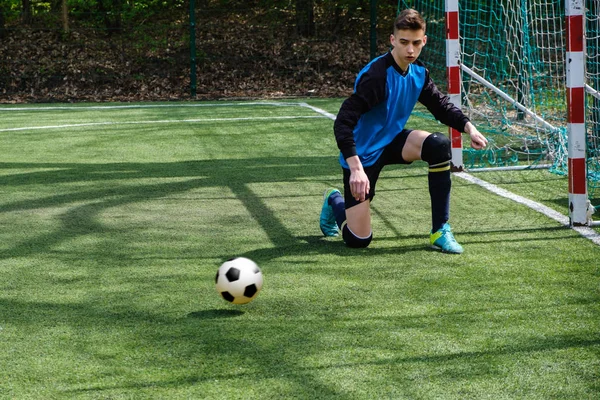 Kaleci topu yakalar. Stadyum kaleci spor zemin oyna, çim futbol kaleci adam, outdoorsc OMPETITION,