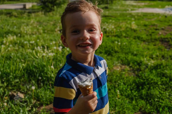 Ragazzo Caucasico Anni Che Gode Gelato Sciogliente Una Calda Soffocante — Foto Stock