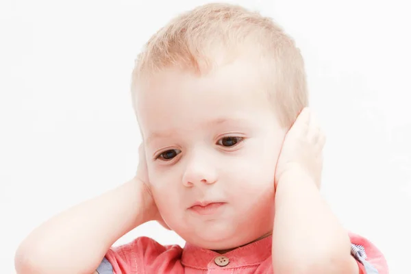 Portrait Emotional Little Boy Home Holds One Hands Head Illness — Stock Photo, Image