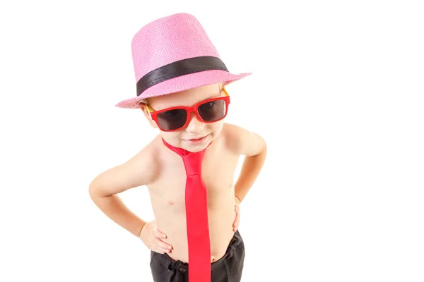 Niño Caucásico Con Corbata Gafas Sol Sombrero Bailando Aislado Blanco —  Fotos de Stock