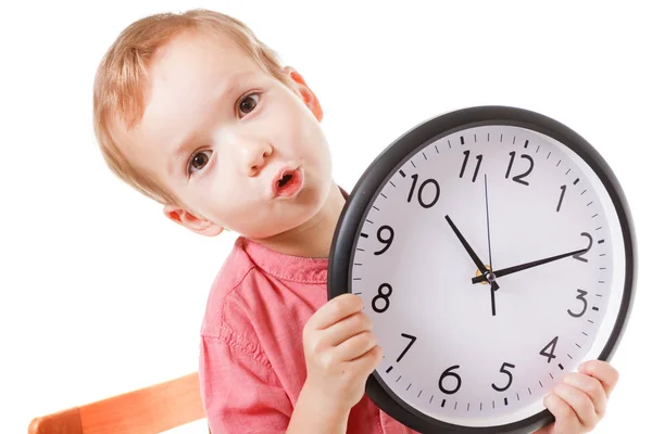 Smiling Caucasian Boy Child Holding Clock Isolated White Background — Stock Photo, Image