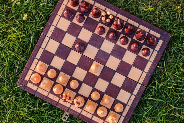 Schaakbord Schaken Stukken Het Gras Tuin Hobby Sporten Vakantie — Stockfoto