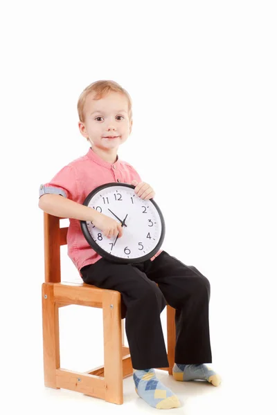 Portrait Boy Wearing Red Kid Holding Big Clock Child Back Stock Photo