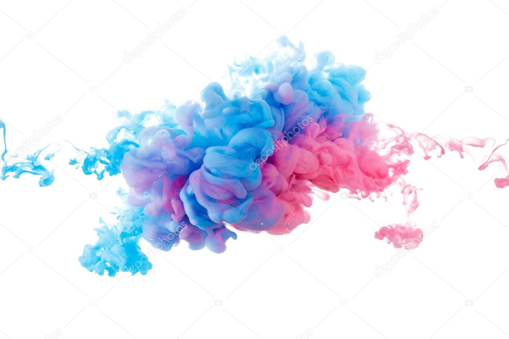 Blue and red paint splash isolated on white background close up