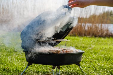 Smokehouse doğada yaz bahçesinde ızgara üzerinde duruyor. Balık evde aileniz için sigara.