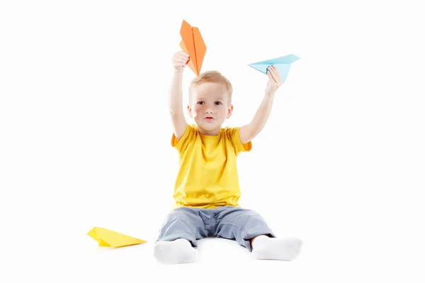Happy Kid Playing Toy Paper Airplane Isolated White Background — Stock Photo, Image