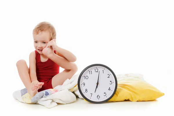 Small Boy Alarm Clock Bed Wake Concept — Stock Photo, Image