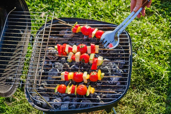 Gebakken Fruit Spiesjes Een Marinade Van Kruid Grill Pan Bovenaanzicht — Stockfoto