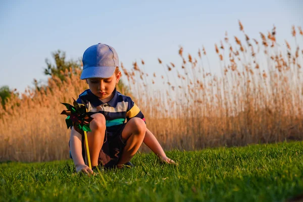 Jongenskind Spelen Met Windmolen Groene Gras Van Het Strand Zomer — Stockfoto