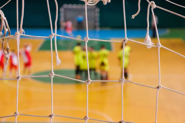 Futebol Desfocado Jogadores Penalidade Campo Pequeno Futsal Campo Bola Ginásio — Fotografia de Stock