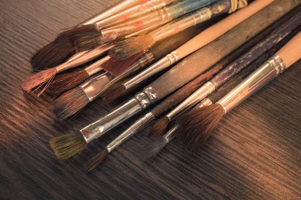 Artist Paint Brushes Wooden Background Handmade Craft Art Process — Stock Photo, Image