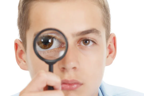 Concepto Divertido Niño Schalit Con Una Lupa Leyendo Escuela — Foto de Stock