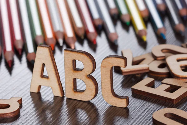 Letras Del Alfabeto Madera Como Concepto Fondo Abc Volver Escuela —  Fotos de Stock