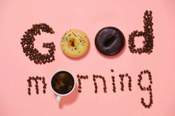Чашка Доброго Утреннего Кофе Пончиками Зерном Розовом Фоне — стоковое фото