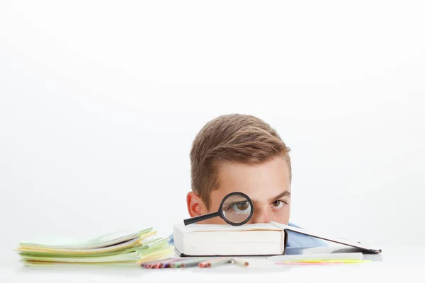 Scuola Ragazzo Con Materiale Didattico Lettura Abc Libro Concetto Istruzione — Foto Stock