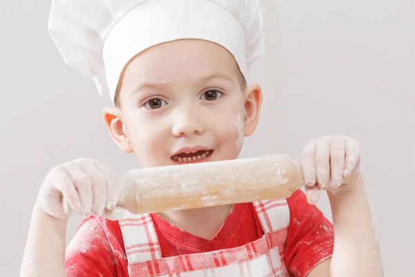 Little Child Making Pizza Pasta Dough Smeary Flour — Stock Photo, Image