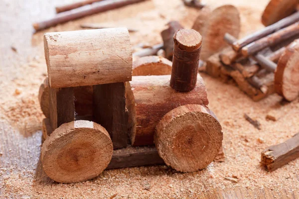 Hacer Juguete Hecho Casa Madera Tren Locomotoras Para Niños Creatividad — Foto de Stock